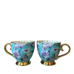 Luxury Porcelain Mug Set of 2 Pop of Color Spring Floral Bird w/ Gold Handle New